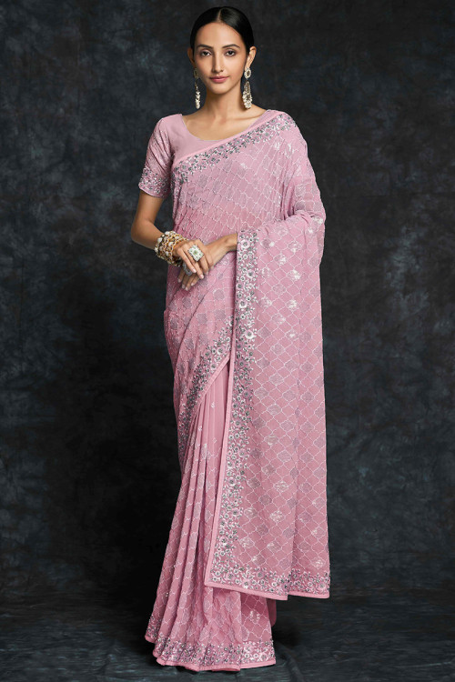 Pale Pink Wedding Wear Sequins Embroidered Saree in Georgette