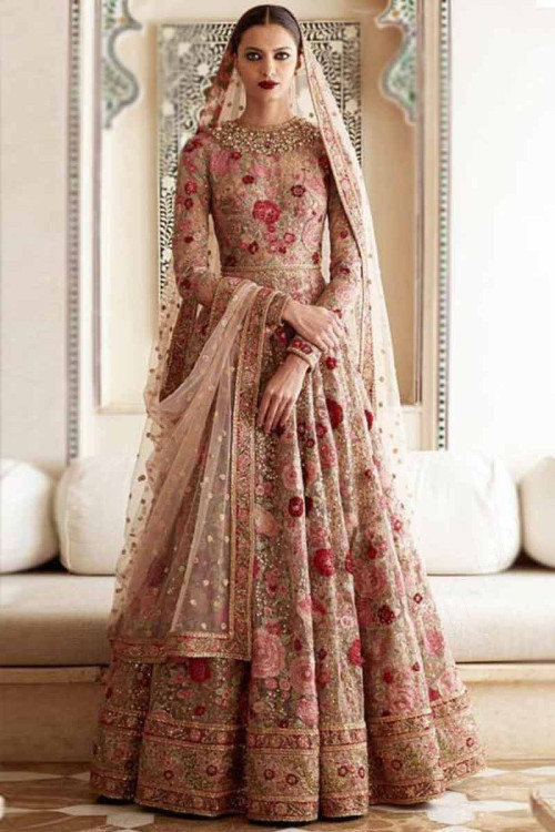 Pale Pink Uppada Silk Embroidered Wedding Wear Anarkali Suit
