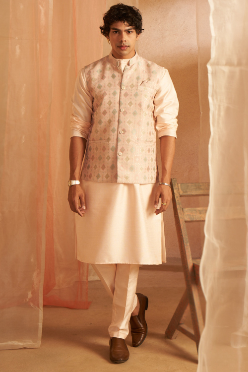 Pale Pink Jacket Style Viscose Men's Plain Kurta Pajama 