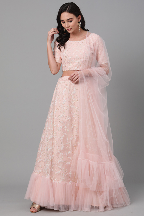 Net Pale Pink Thread Embroidered Lehenga for Wedding 