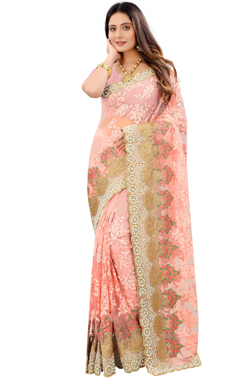 Pale Pink Net Embroidered Party Wear Saree