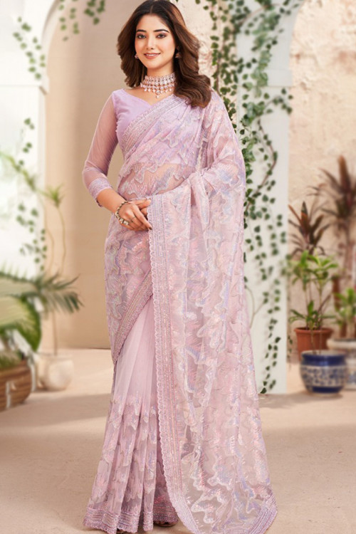 Pale Pink Net Sequins Embroidered Party Wear Fancy Saree