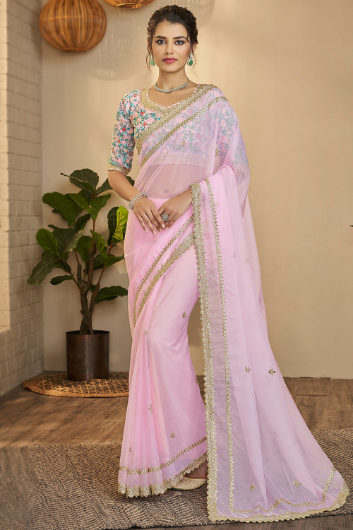 Pale Pink Organza Saree for Party Wear with Sequins embroidery