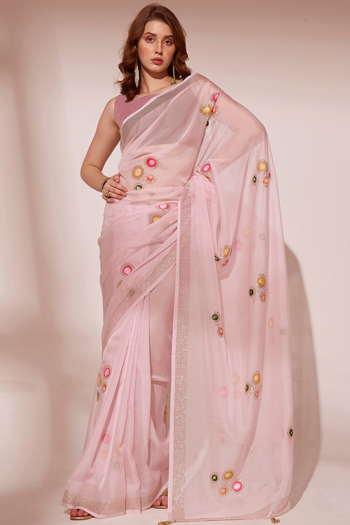 Pale Pink Organza Printed Light Weight Saree
