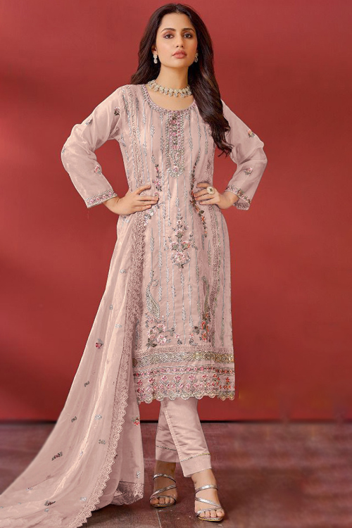 Pale Pink Organza Sequins Embroidered Trouser Suit For Sangeet 