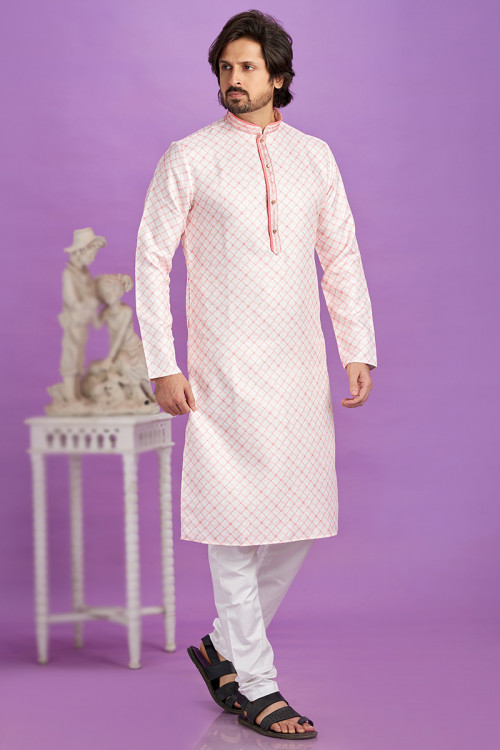 Pale Pink Printed Cotton Straight Cut Men's Kurta With Churidar 