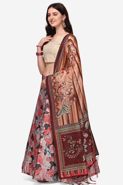 Pale Pink Printed Satin Silk A Line Lehenga
