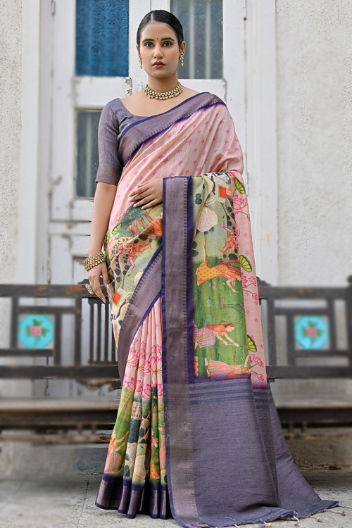 Pale Pink Printed Tussar Silk Light Weight Saree