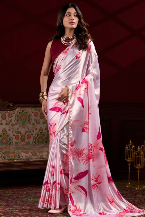 Pale Pink Satin Printed Saree For Festival 