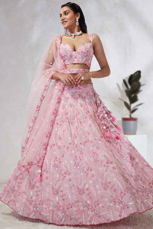 Pale Pink Satin Sequins Embroidered Bridesmaid Lehenga 