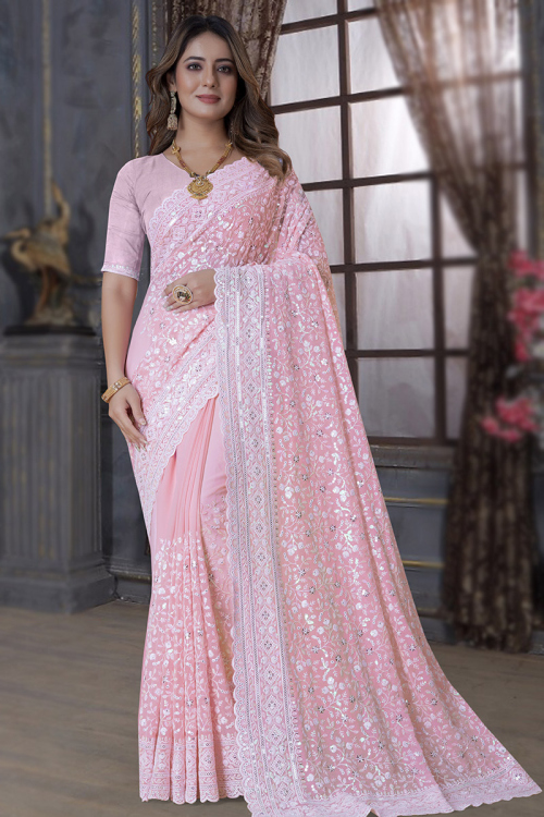 Pale Pink Sequins Embroidered Fancy Georgette Saree 