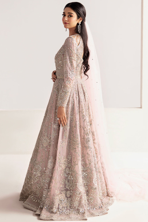 Pale Pink Sequins Embroidered Floor Length Net Gown