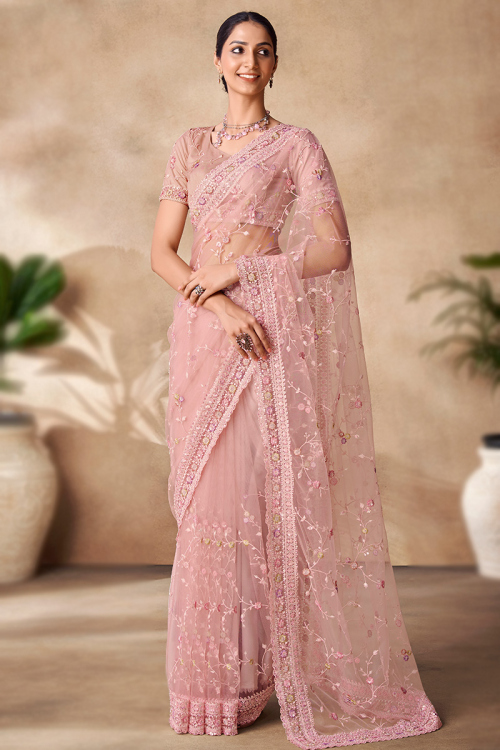 Pale Pink sequins Embroidered Light Weight Net Saree
