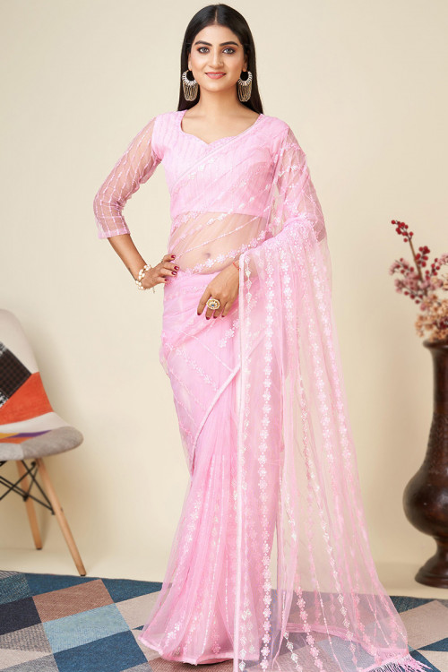 Pale Pink Sequins Embroidered Net Saree For Sangeet 
