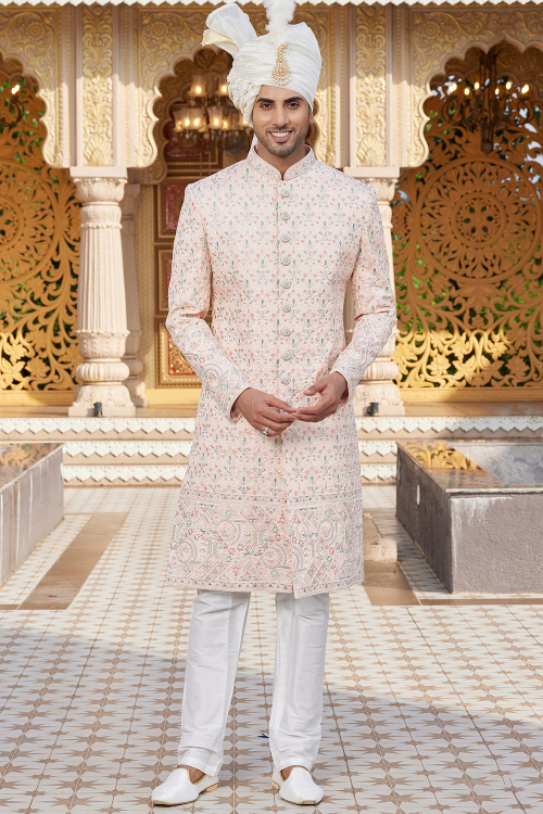 Pale Pink Silk Blend Embroidered Ready to Wear Men's Sherwani