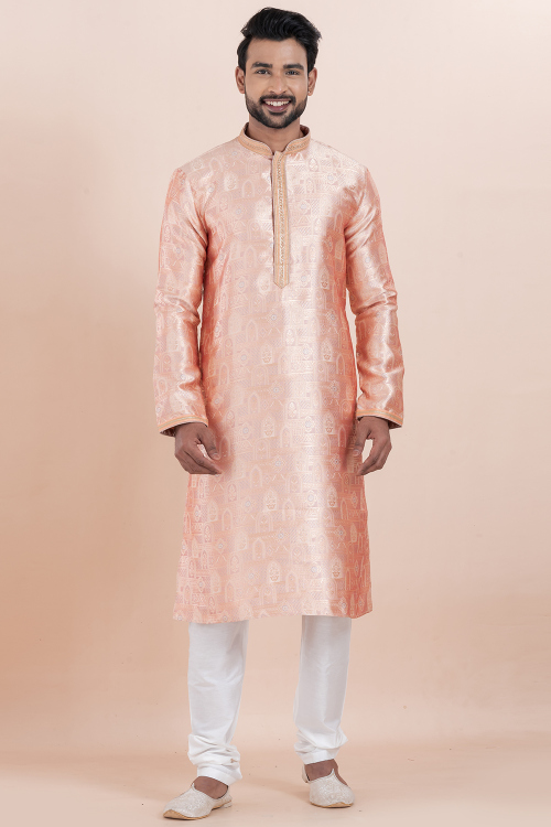 Pale Pink Silk Blend Men's Kurta Churidar With Zari Work