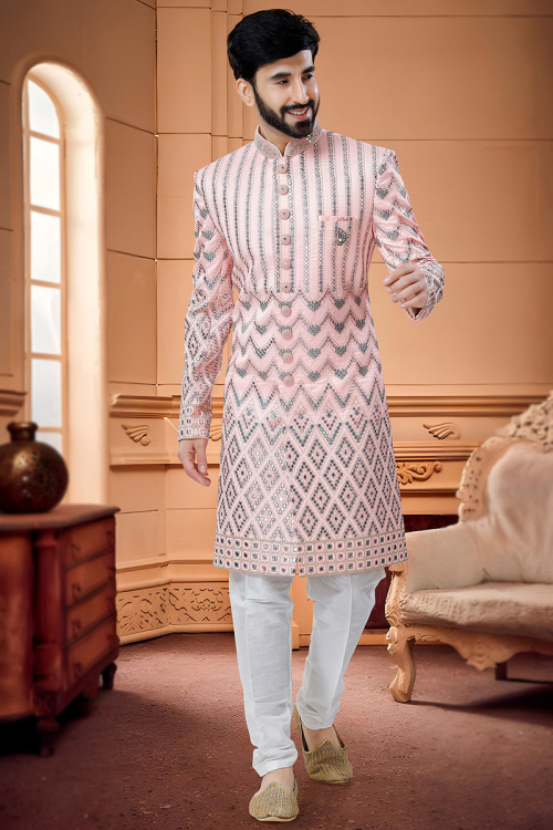 Pale Pink Silk Embroidered Men's Sherwani