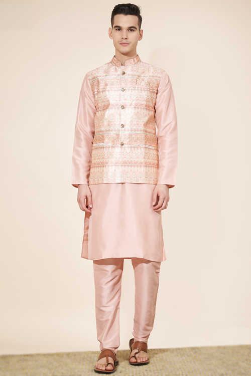Pale Pink Silk Men's Kurta Pajama With Printed Jacket