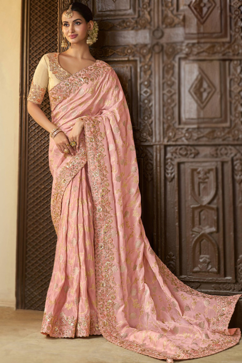 Pale Pink Tissue Heavy Embroidered Saree 