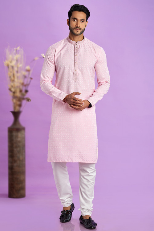 Pale Pink Weaved Thread Silk Men's Kurta With Churidar 