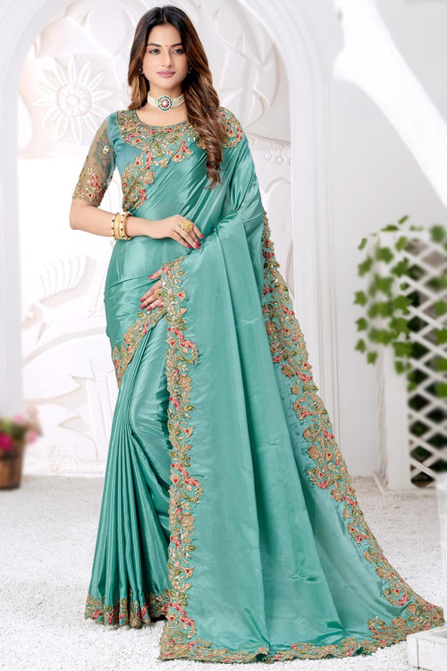 Pale Turquoise Blue Crepe Silk Embroidered Saree