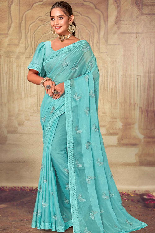 Pale Turquoise Blue Embroidered Chiffon Sangeet Saree 