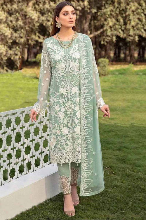 Sage Green Georgette Embroidered Pakistani Trouser Suit
