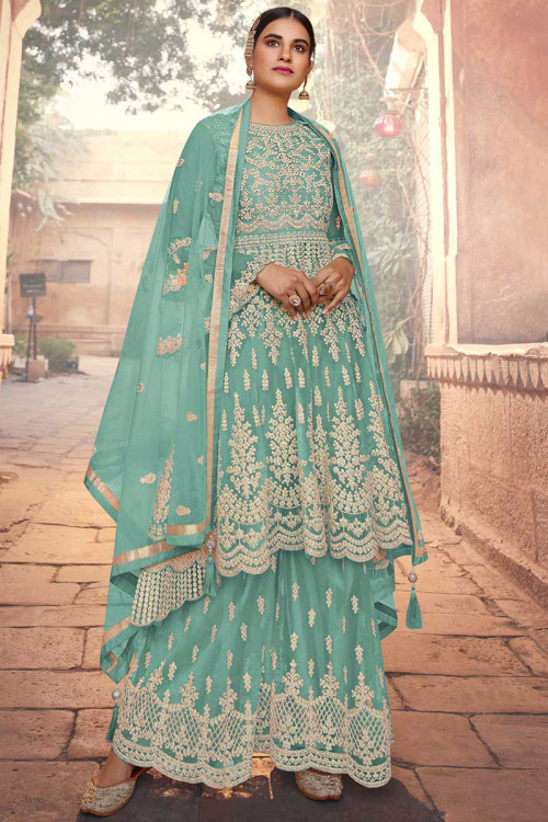 Pale Turquoise Blue Net Frock Style Sharara Suit
