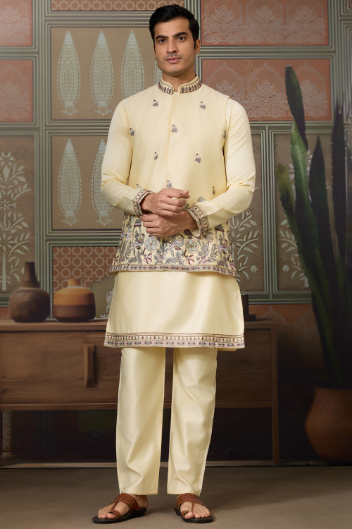 Pale Yellow Art Silk Jacket Style Men's Kurta Pajama Sequins Work