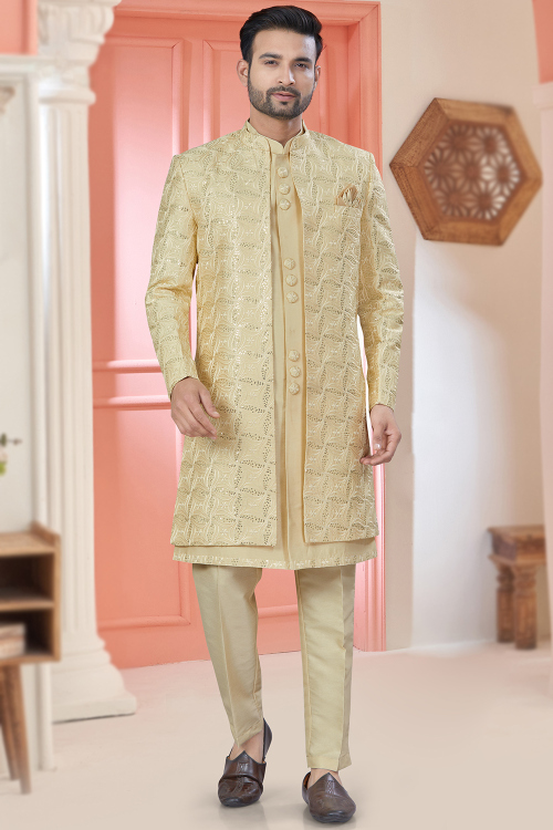 Pale Yellow Art Silk Sherwani With Embroidered Jacket For Wedding Wear