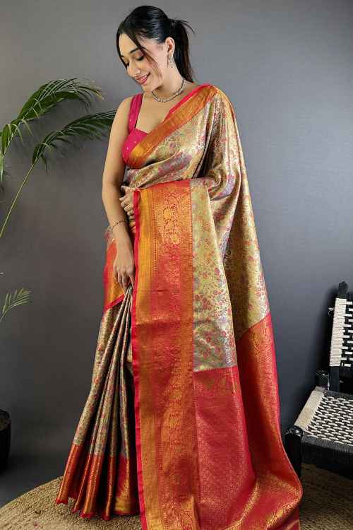 Pale Yellow Art Silk Weaved Broad Border Saree