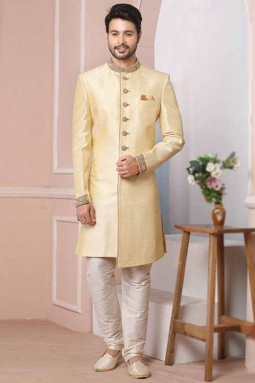 Pale Yellow Banarasi Silk Embroidered Men's Churidar Sherwani