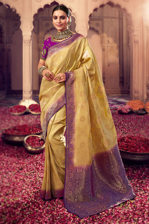 Pale Yellow Broad Border Art Silk Woven Zari Saree