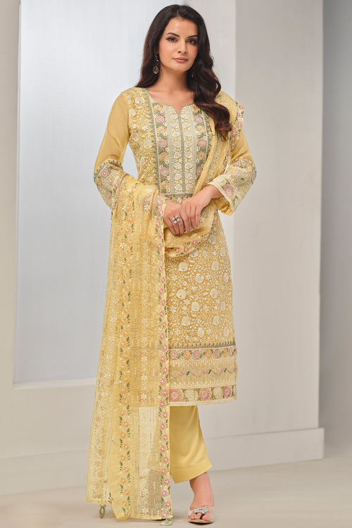 Pale Yellow Chiffon Embroidered Straight Cut Trouser Suit