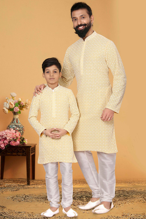 Pale Yellow Cotton Embroidered Father Son Duo Kurta Pajama
