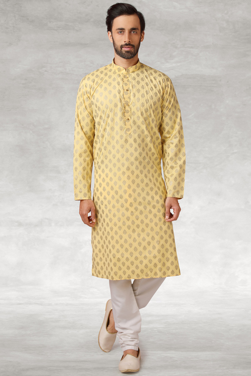 Pale Yellow Cotton Foil Print Men's Kurta With Churidar 