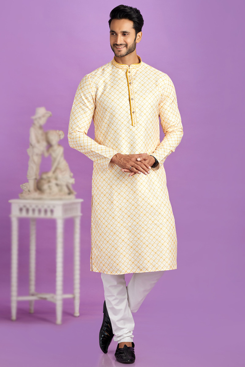 Pale Yellow Cotton Printed Festival Wear Men's Kurta With Churidar