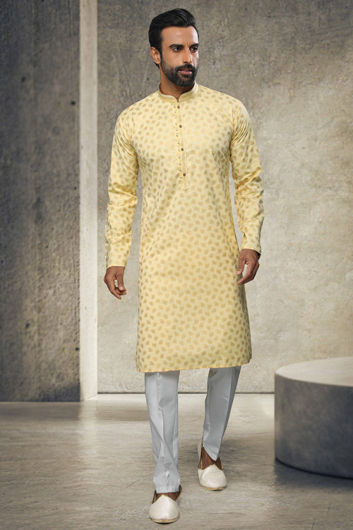 Pale Yellow Cotton Printed Men Kurta Pajama