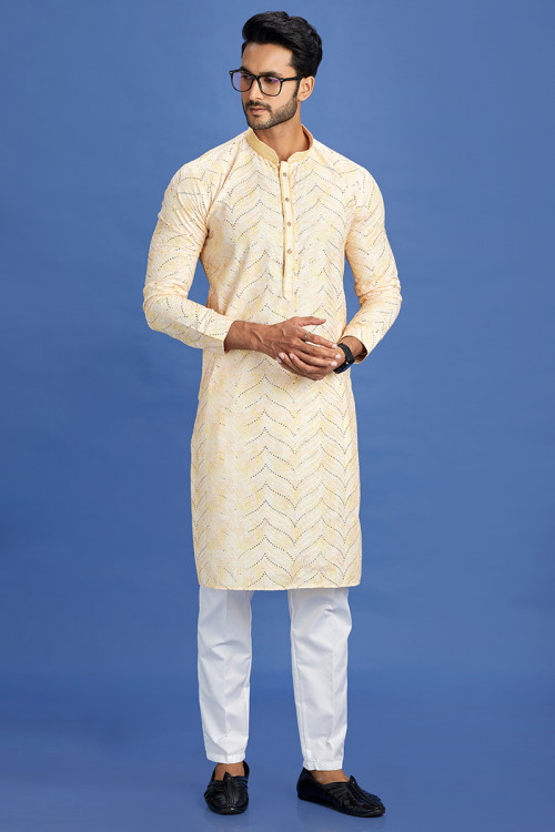 Pale Yellow Cotton Printed Men's Kurta Pajama For Haldi 