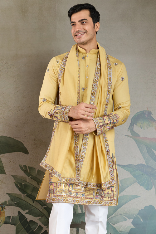 Pale Yellow Cotton Silk Men's Kurta With Sequins Work For Festival
