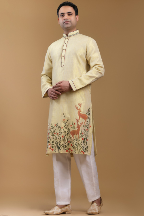 Pale Yellow Cotton Silk Men&#039;s Straight Cut Printed Kurta Pajama