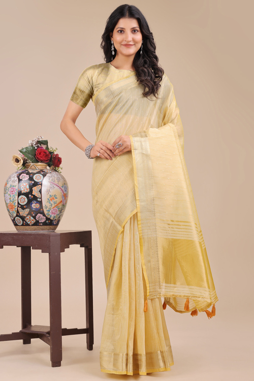 Pale Yellow Cotton Woven Zari Broad Border Saree