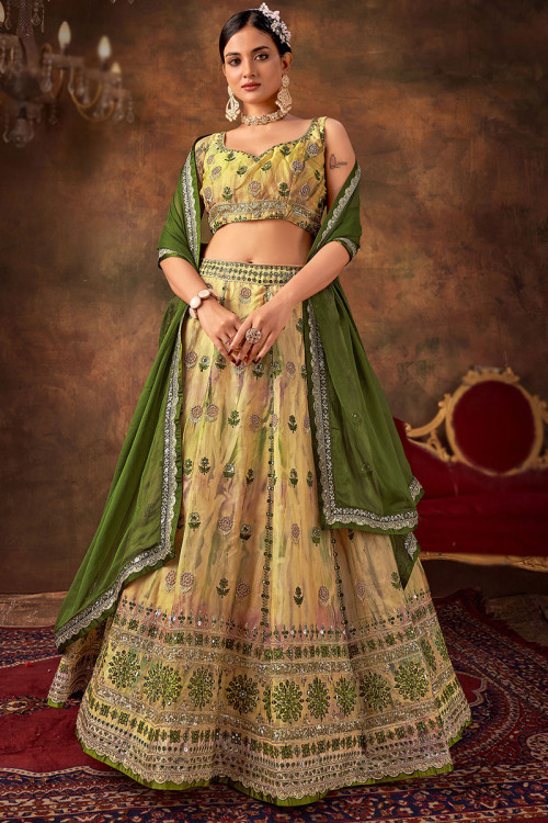 Pale Yellow Embroidered Organza Panelled Lehenga