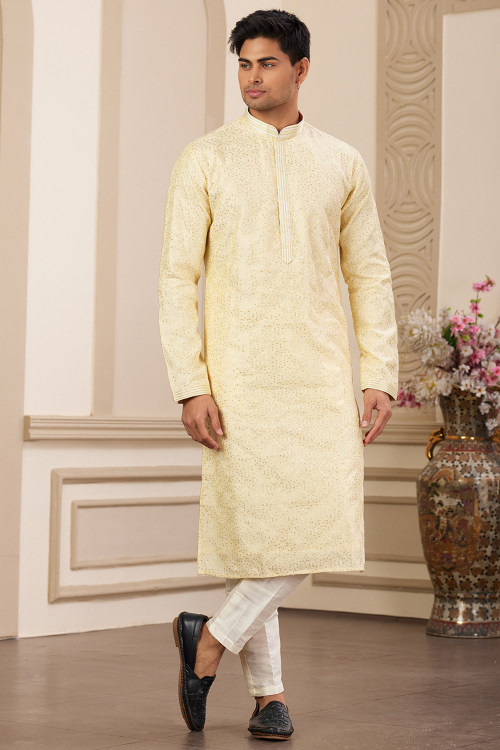 Pale Yellow Embroidered Silk Blend Men's Kurta Pajama