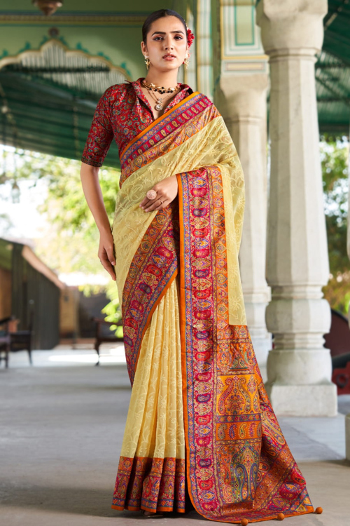 Pale Yellow Georgette Embroidered Broad Border Saree For Haldi