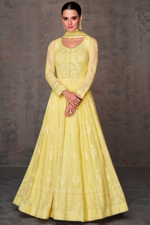 Pale Yellow Georgette Embroidered Wedding Wear Anarkali Suit