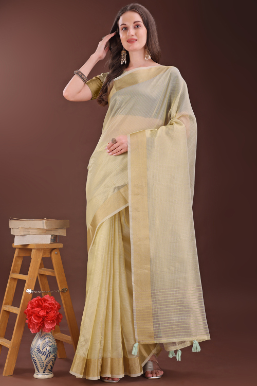 Pale Yellow Kota Doria Saree With Woven Zari Work For Diwali