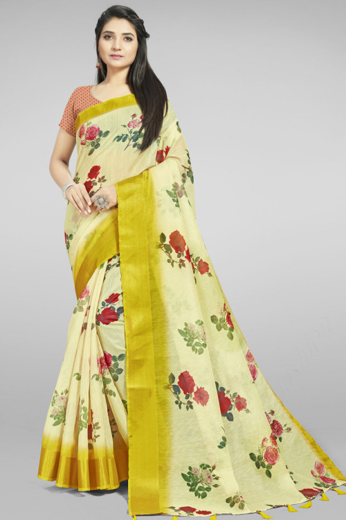 Pale Yellow Linen Saree With Brocade Blouse