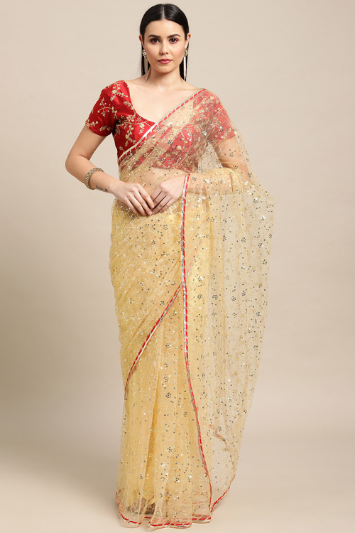 Pale Yellow Net Zari Embroidered Light Weight Saree
