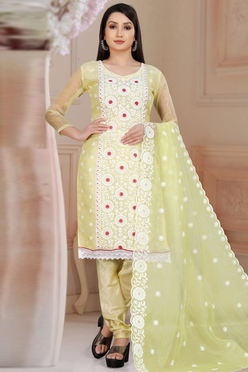Pale Yellow Organza Embroidered Churidar Suit